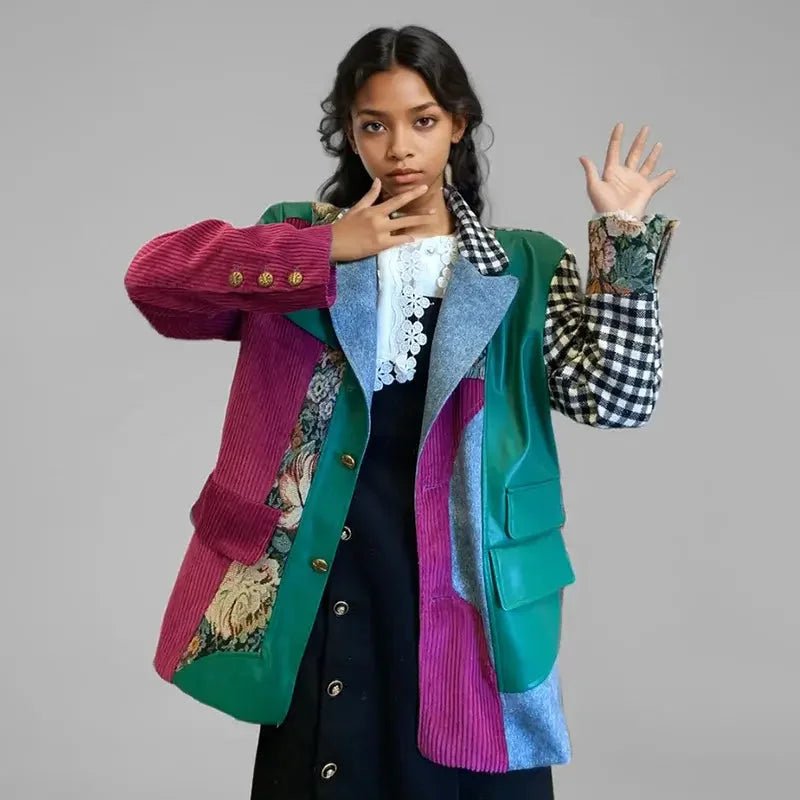 Trendy Women's Plaid Patchwork Blazer – Winter Lapel Coat - HalleBeauty